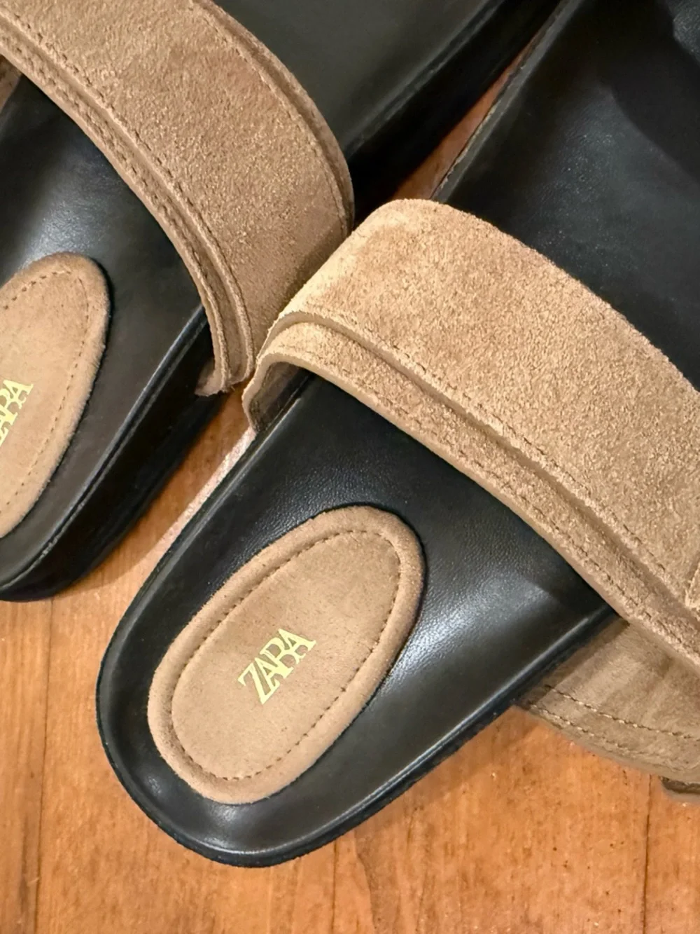 ZARA Brown Suede Buckle Slide Sandals with Black Footbed - Picture 2 of 4